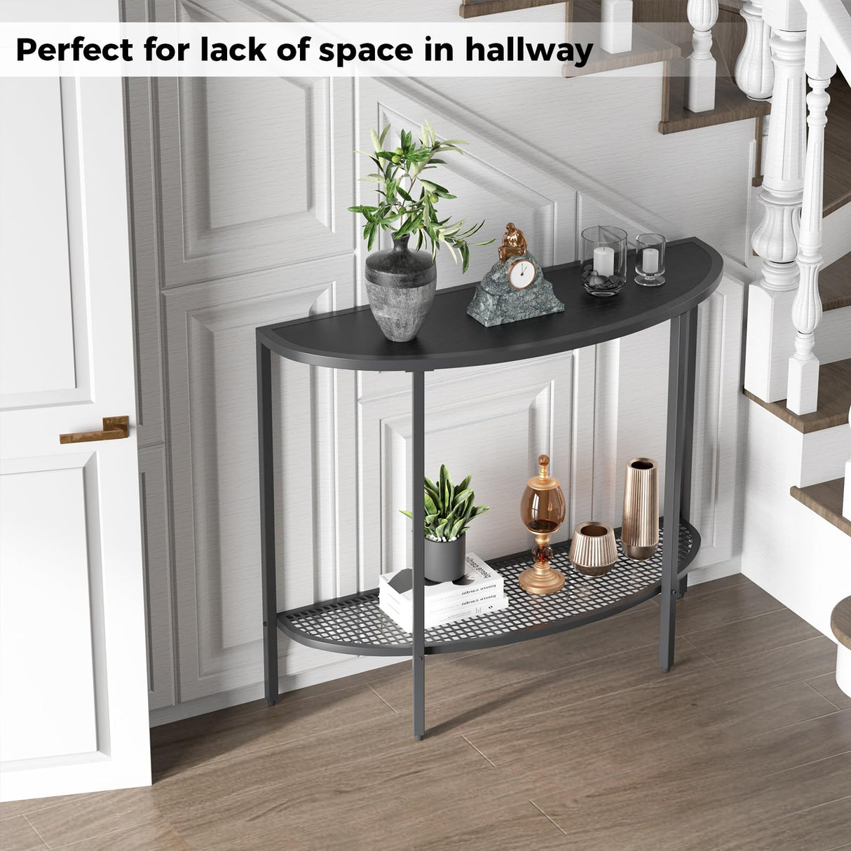 SAYGOER Black Half Moon Console Table 2 Tier Narrow Entryway Table with Storage Modern Couch Table Small Entry Way Tables, Easy Assembly, All Black SAYGOER