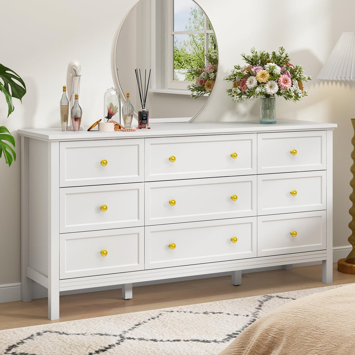 CARPETNAL 9 Drawer White Dresser for Bedroom with Deep Drawers, Large Dressers & Chest of Drawers With Gold Handle, Modern Long Dressers for Closet Bedroom, Living Room (59.25" W x 15.75" D x 30.9" H) CARPETNAL