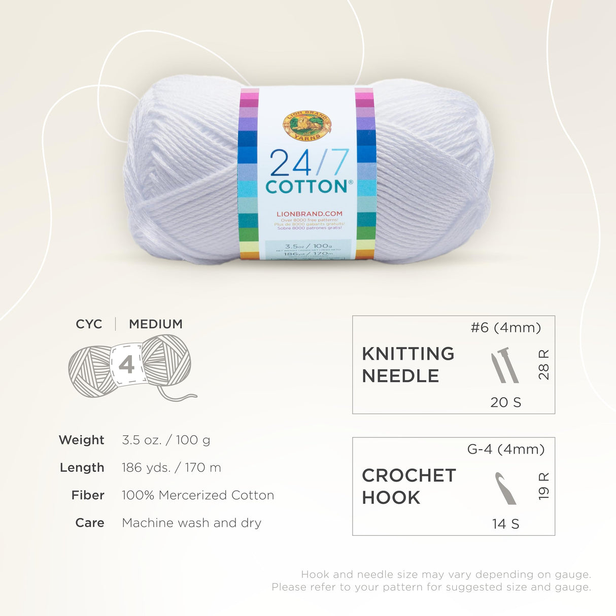 Lion Brand Yarn Lightweight 24/7 Cotton Yarn for Knitting, Crocheting, and Crafts, White, 1 Pack Lion Brand Yarn