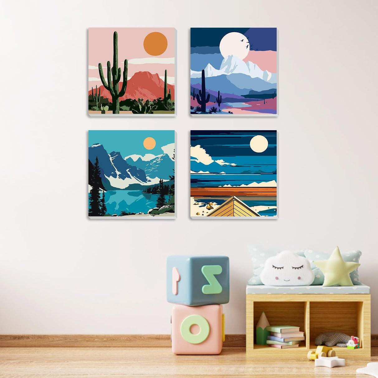 MXJSUA 4 Pack Moon Mountain Lake Paint by Numbers Kit with Framed Canvas for Ages 6-12 Kids, Paint by Numbers Kits for Children Beginners, Acrylic Oil Painting for Home Wall Decor Gift (8x8 inch) MXJSUA