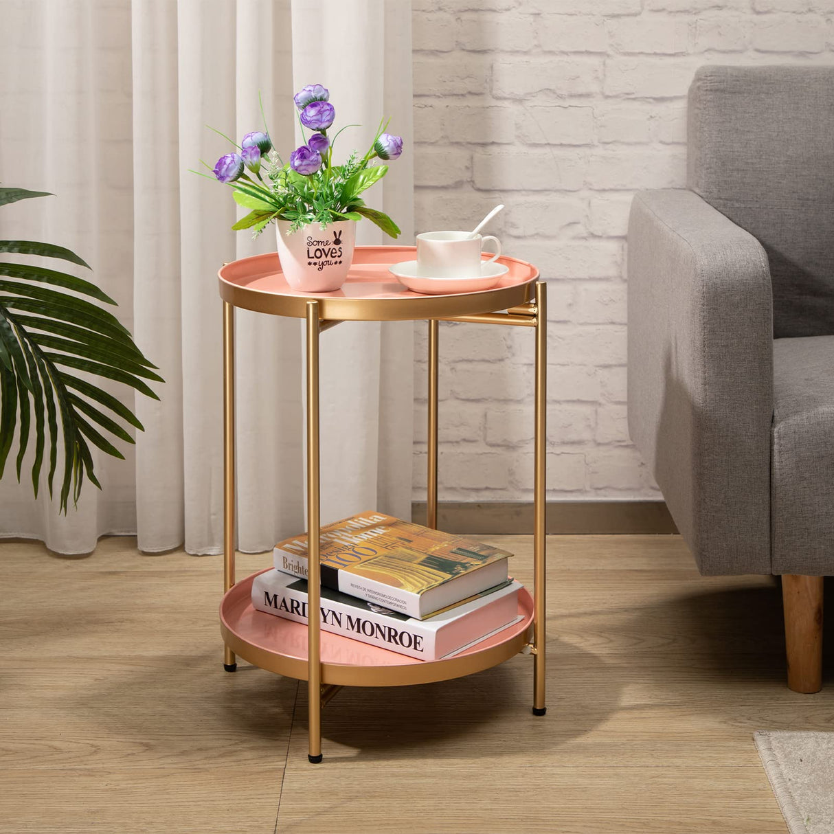 HollyHOME 2-Tier Round Gold Side Table, Outdoor Small Folding Accent Stand with Removable Tray, Anti-Rust Metal Asional Table for Balcony Patio Living Room, Nightstand for Bedroom(Gold&Pink) HollyHOME