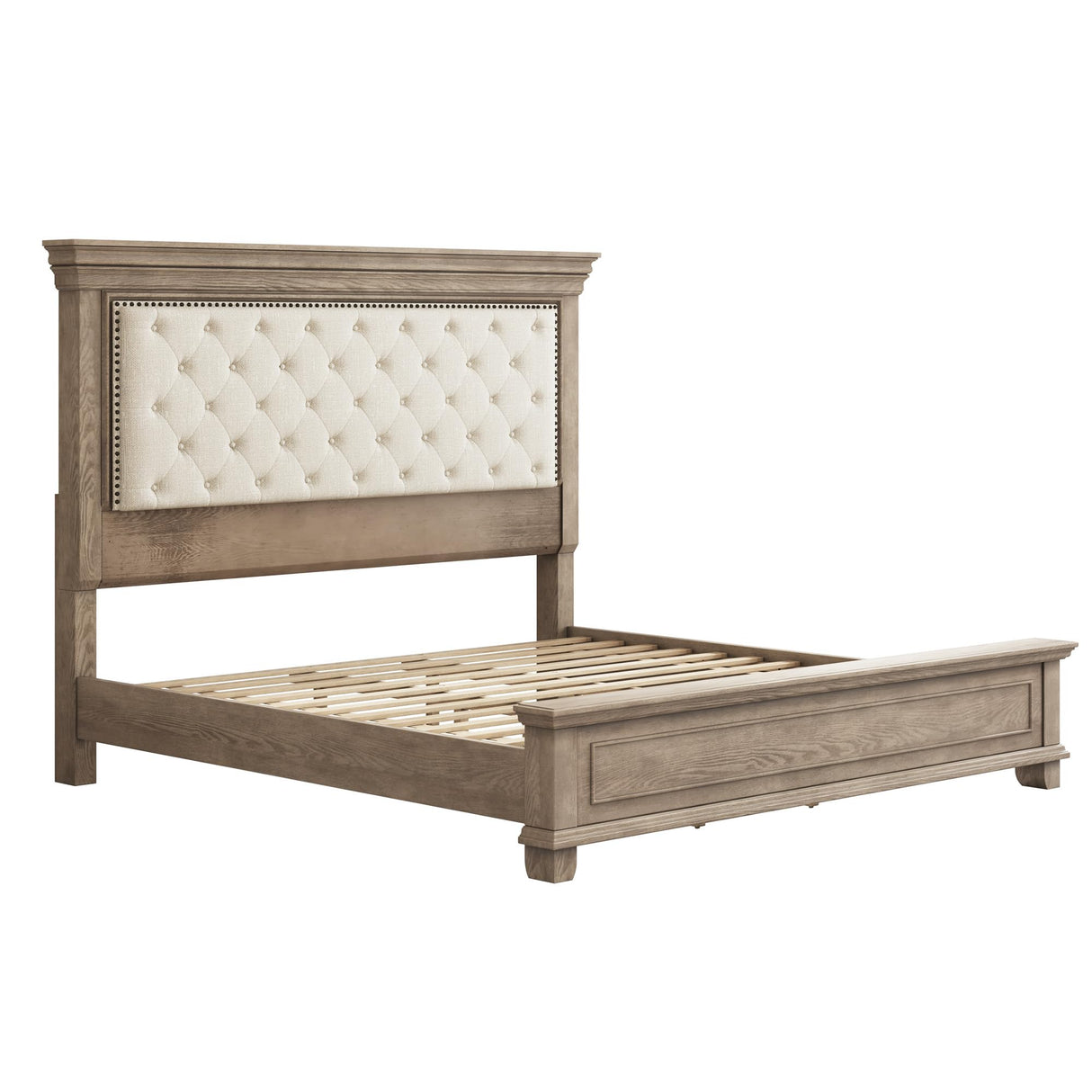 LUXOAK Solid Pine Wood King Bed Frame with 69" High Upholstered Headboard, Transitional Style Platform Bed, No Box Spring Needed & Easy Assembly, Button-Tufted Chenille Fabric, Antique Taupe LUXOAK