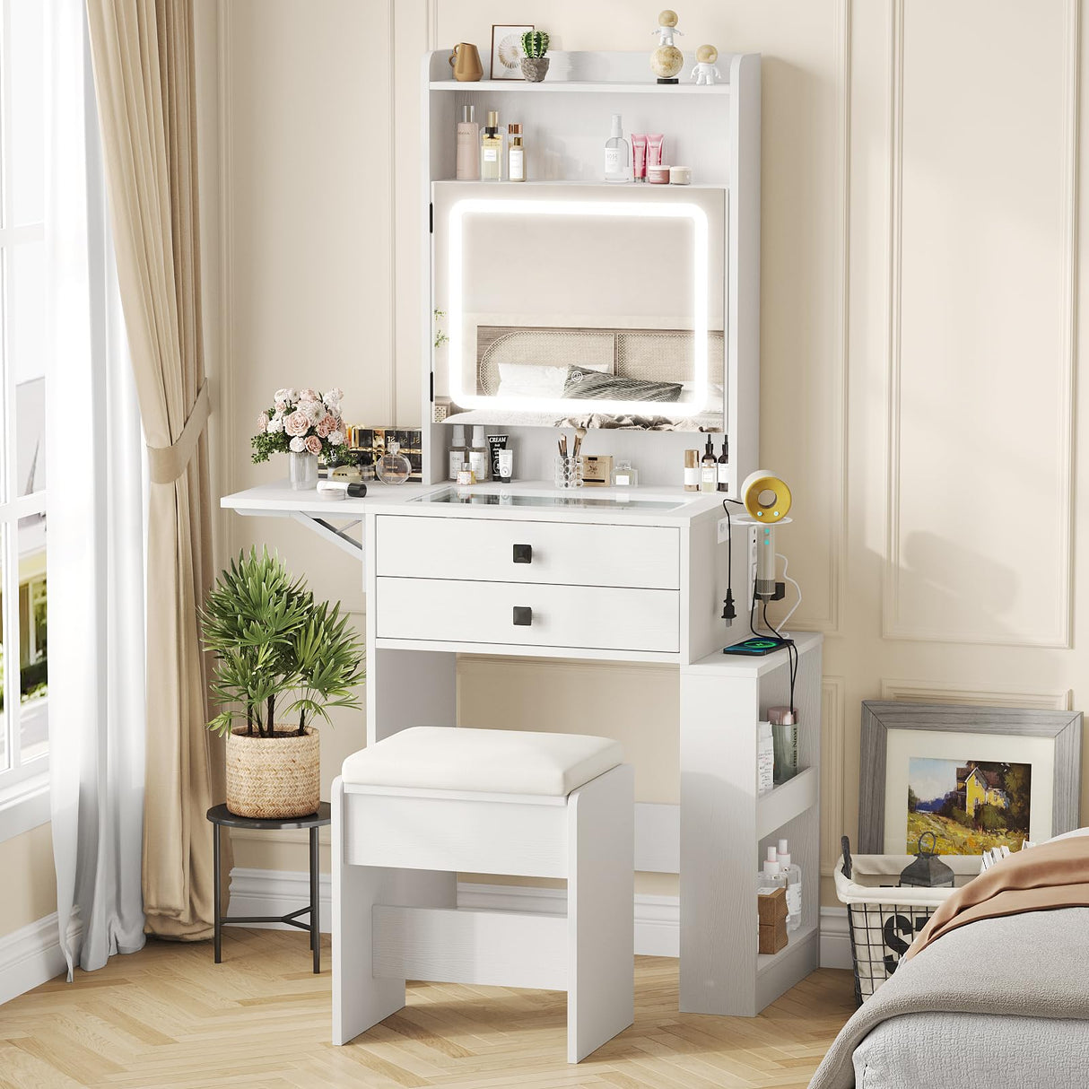 Vabches Small Makeup Vanity Desk with 3 Adjustable Lighted Mirror, White Vanity Set with Fold-up Panel and Charging Station, Glass Top Dressing Table with Drawers and Chair, 2 Hidden Storage Shelves Vabches