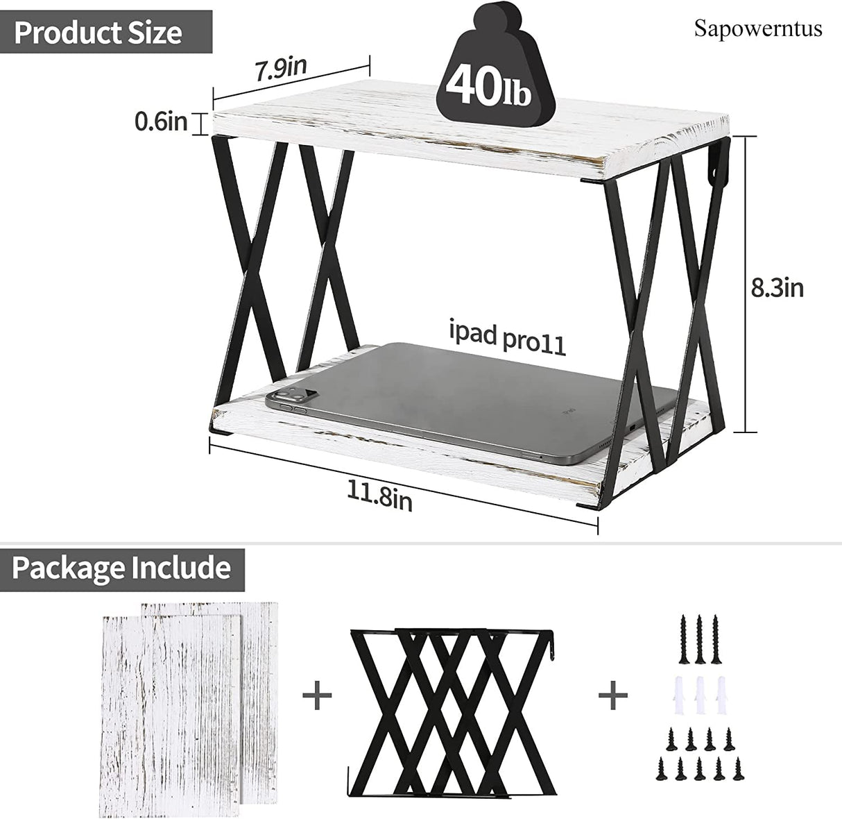 Sapowerntus Floating Nightstand Shelves Wall Mounted, 2 Tier Bedside Table for Bedroom, Rustic White Wood Basket Box Shelf with X Mental Bracket, Small Storage Decor in Bathroom Living Room Sapowerntus