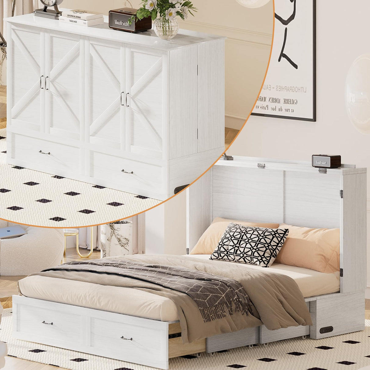 PUREMIND Queen Murphy Bed Cabinet with Mattress Included, Bedroom Cabinet Beds with USB Charging Station, Murphy Chest Bed with Storage Drawers, Horizontal Wallbed for Guest Room White PUREMIND