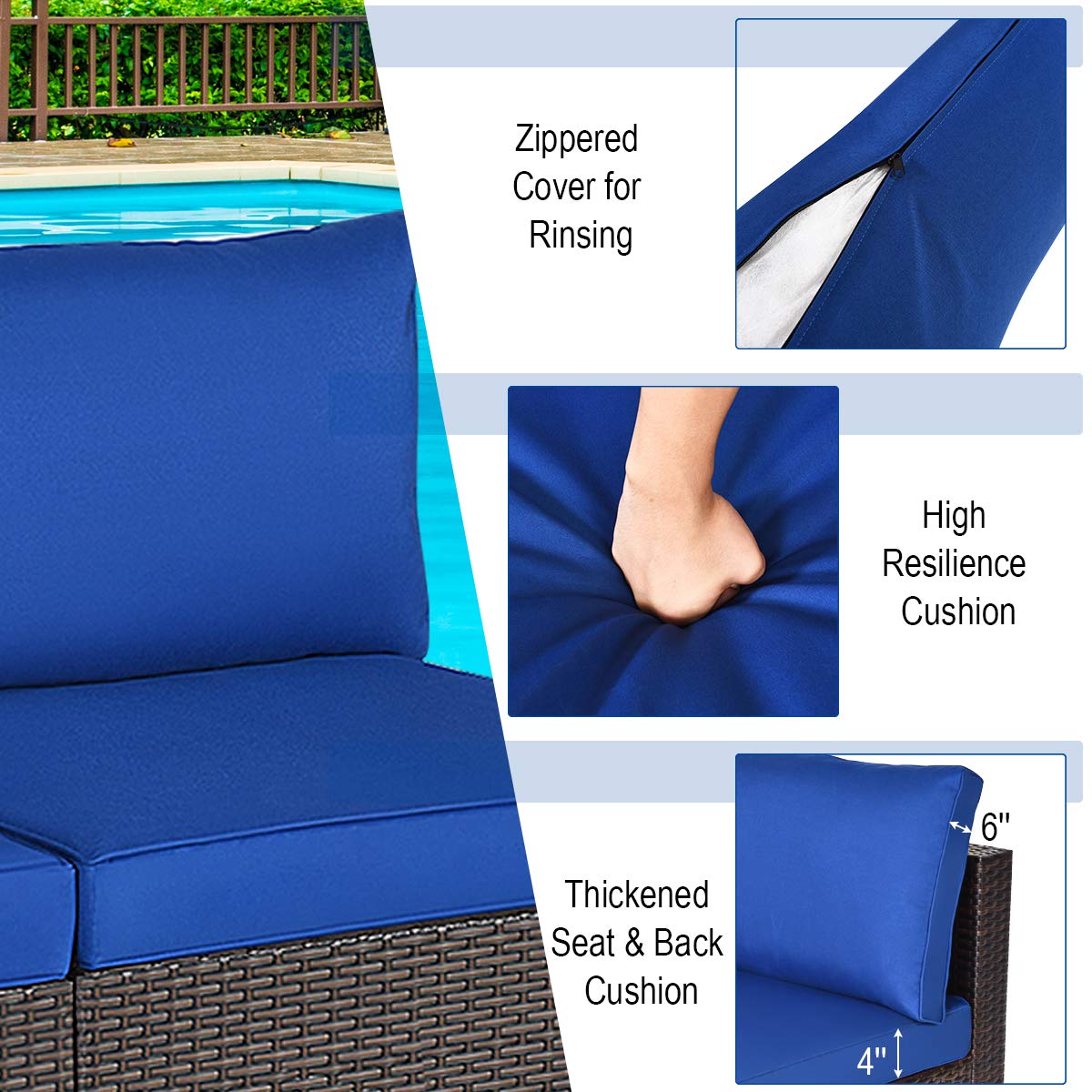 Tangkula 2 PCS Outdoor Wicker Armless Sofa, Patio Rattan Sectional Sofa Set w/2 Thick Seat Cushions and 2 Back Cushions, Additional Seats for Balcony Garden Patio Poolside (Navy Blue) Tangkula