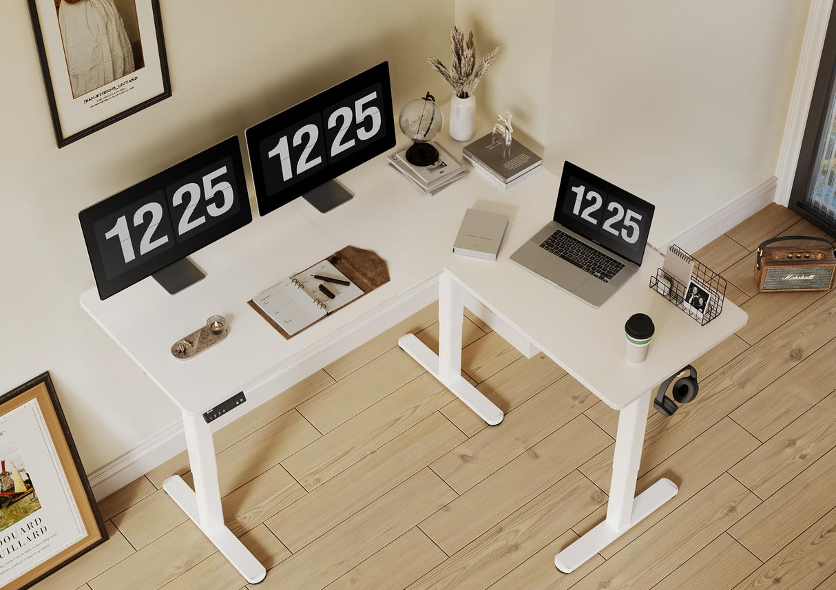 Claiks L Shaped Standing Desk Adjustable Height, Dual Motor Electric Corner Standing Desk, 63x55 inch Sit Stand up Desk with Splice Board, White Claiks
