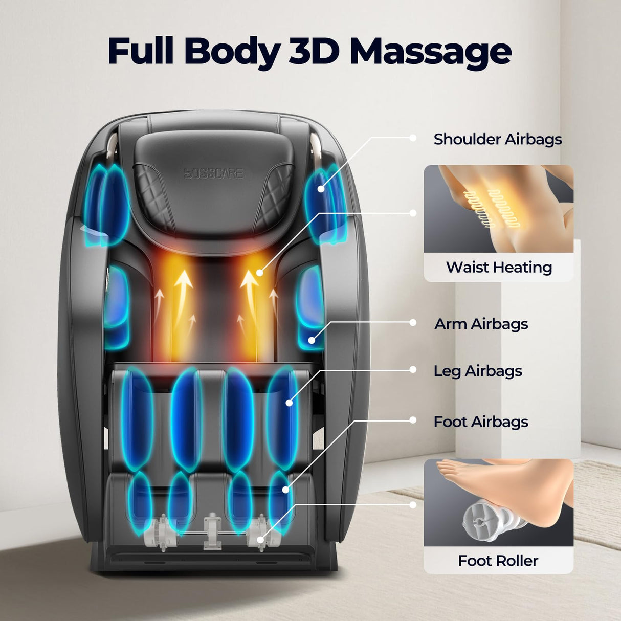 BOSSCARE Zero Gravity SL-Track Massage Chair: 2025 3D Full Body Recliner - Back Heating Deep Stretching Massage Chairs for Home Office - Body Scanning HiFi Bluetooth BOSSCARE