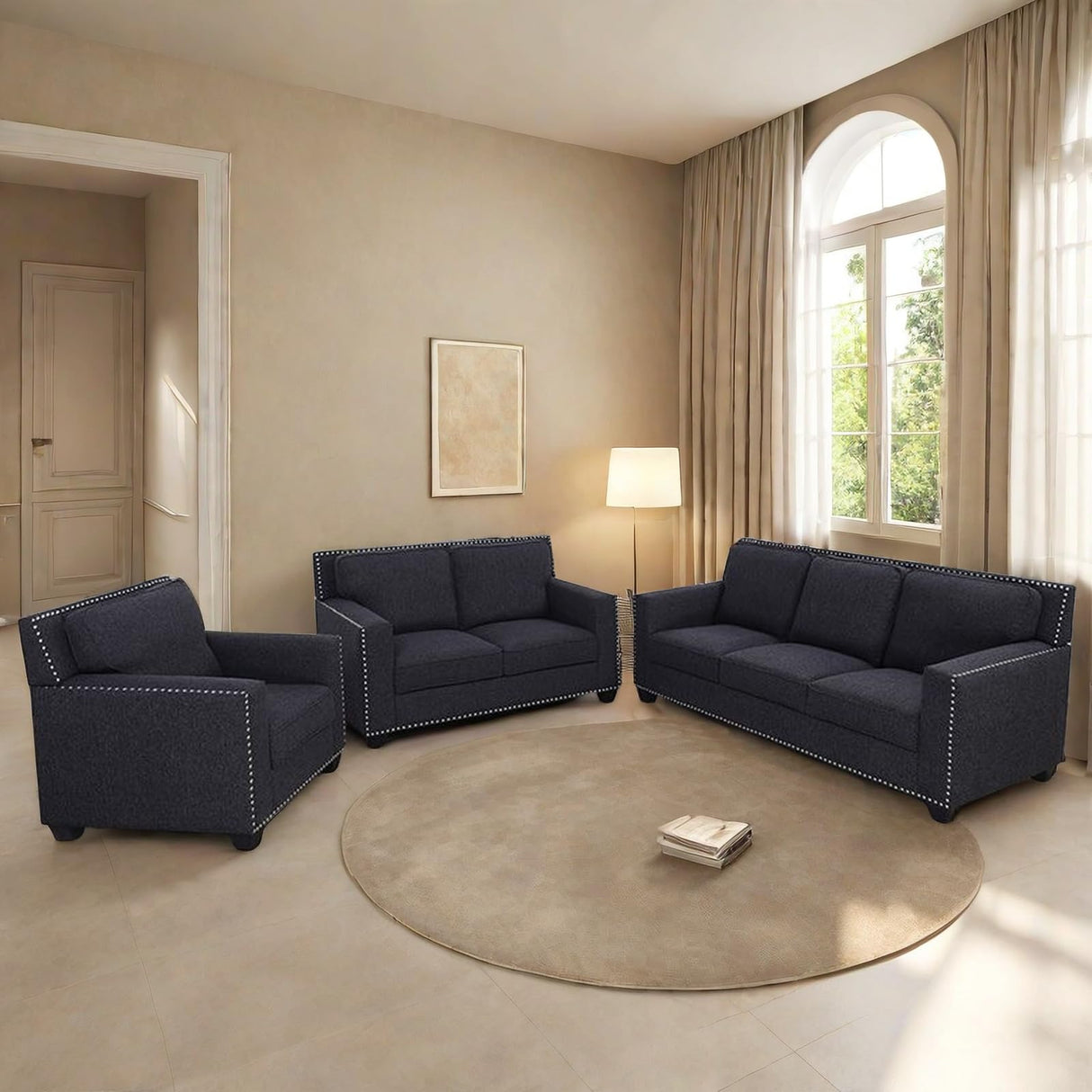 GlasFlength Couches Sofa for Living Room Set 3 Piece Modern Decor Sofa and Loveseat Set with Arms and Nailhead, Includes Loveseat Couch and Armchair GlasFlength