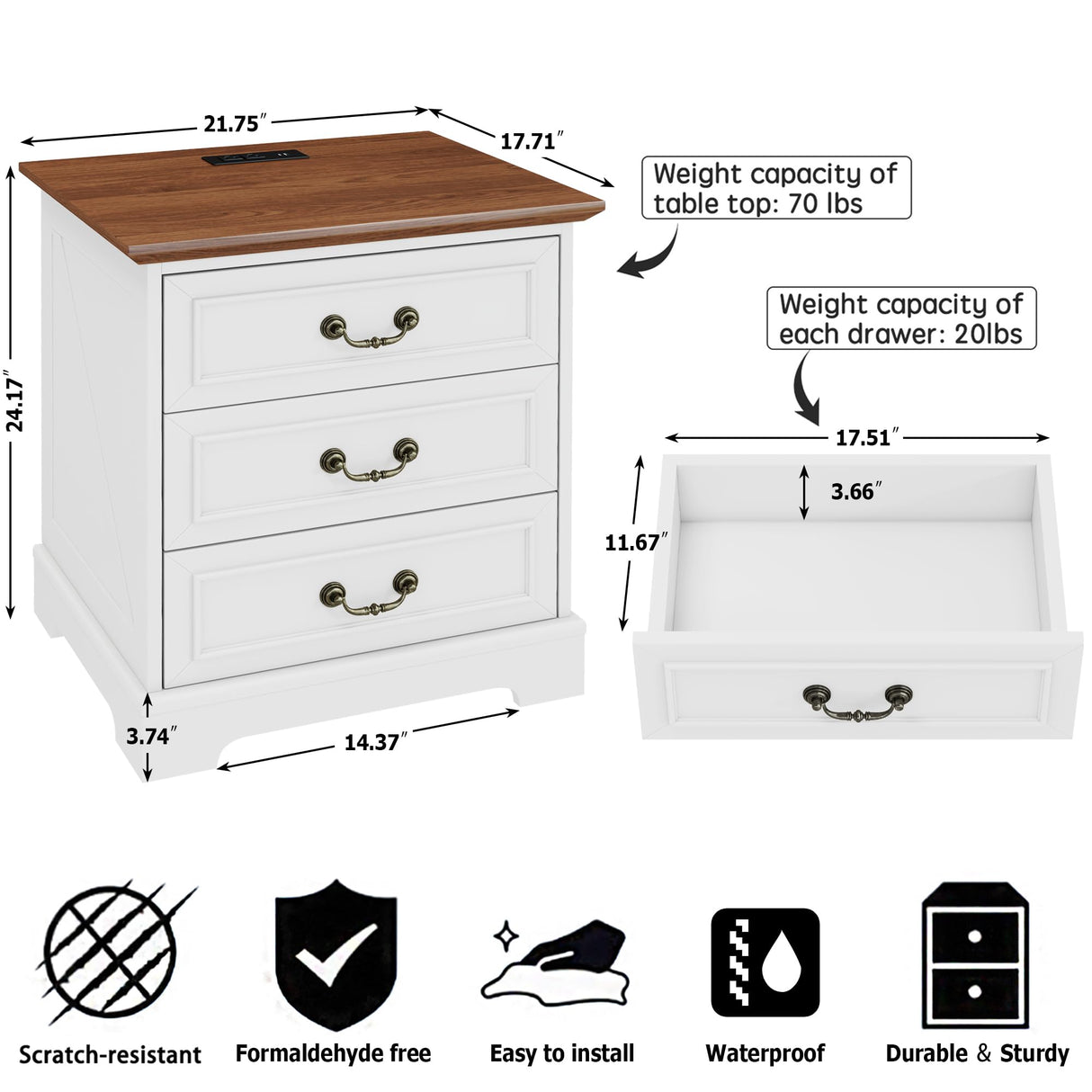 HOPUBUY 22" Farmhouse Nightstand Set of 2 with Charging Station, Wood Night Stand with Antique Handles, 3 Drawer Night Stand Tall Nightstand for Bedroom, Off White and Brown Top HOPUBUY