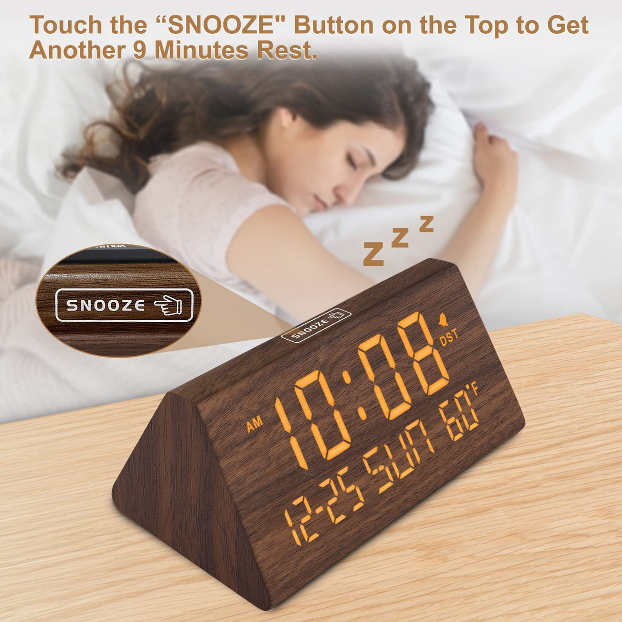 DreamSky Digital Alarm Clocks for Bedrooms - Wooden Desk Clock with Date, Day of Week, USB Port, Temperature, Dimmer for Bedside Table, Living Room, Office, Adjustable Volume, Auto DST, Wood Decor DreamSky