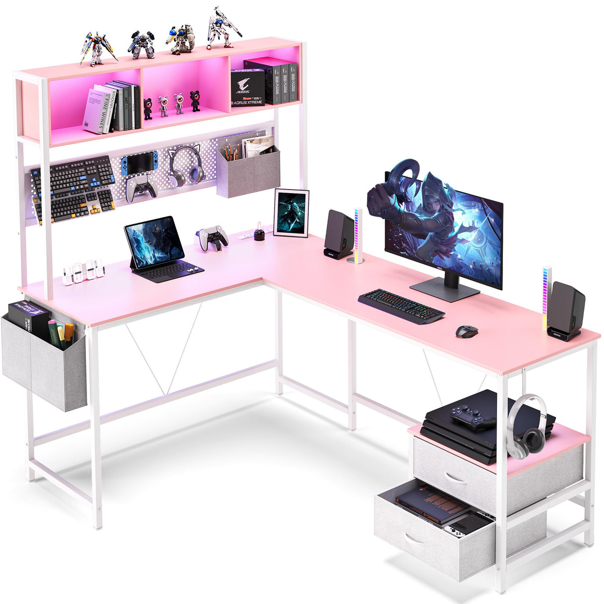 Dowinx L Shaped Desk with Pegboard and Drawers, Reversible 67” Gaming Desk with RGB Light and Power Outlet, Computer Corner Desk with Storage and Hutch for Game Office Home, Pink Dowinx