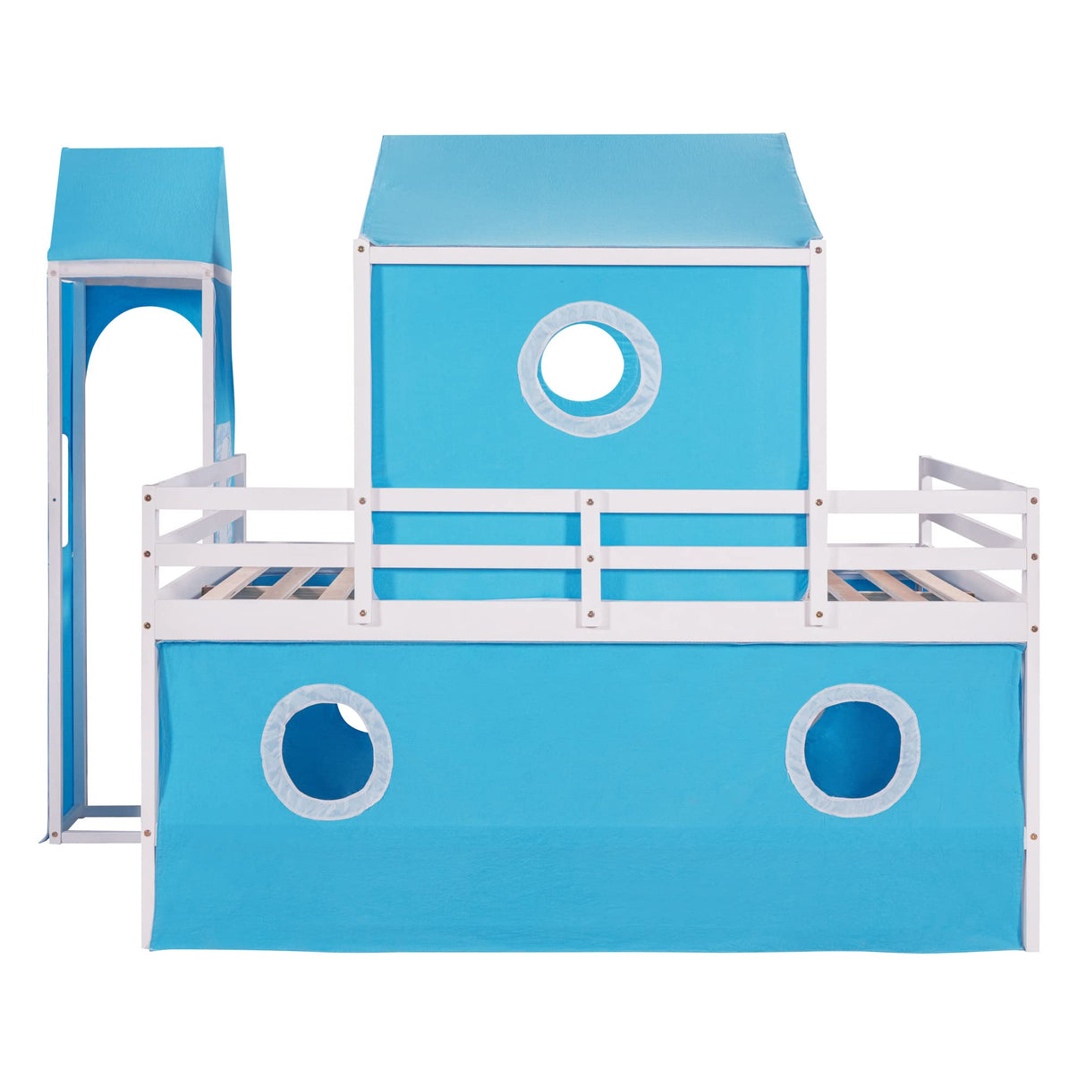 Harper & Bright Designs Blue Full Size Loft Bed with Slide, Curtains, and Tower - Solid Wood Low Loft Frame for Kids Harper & Bright Designs