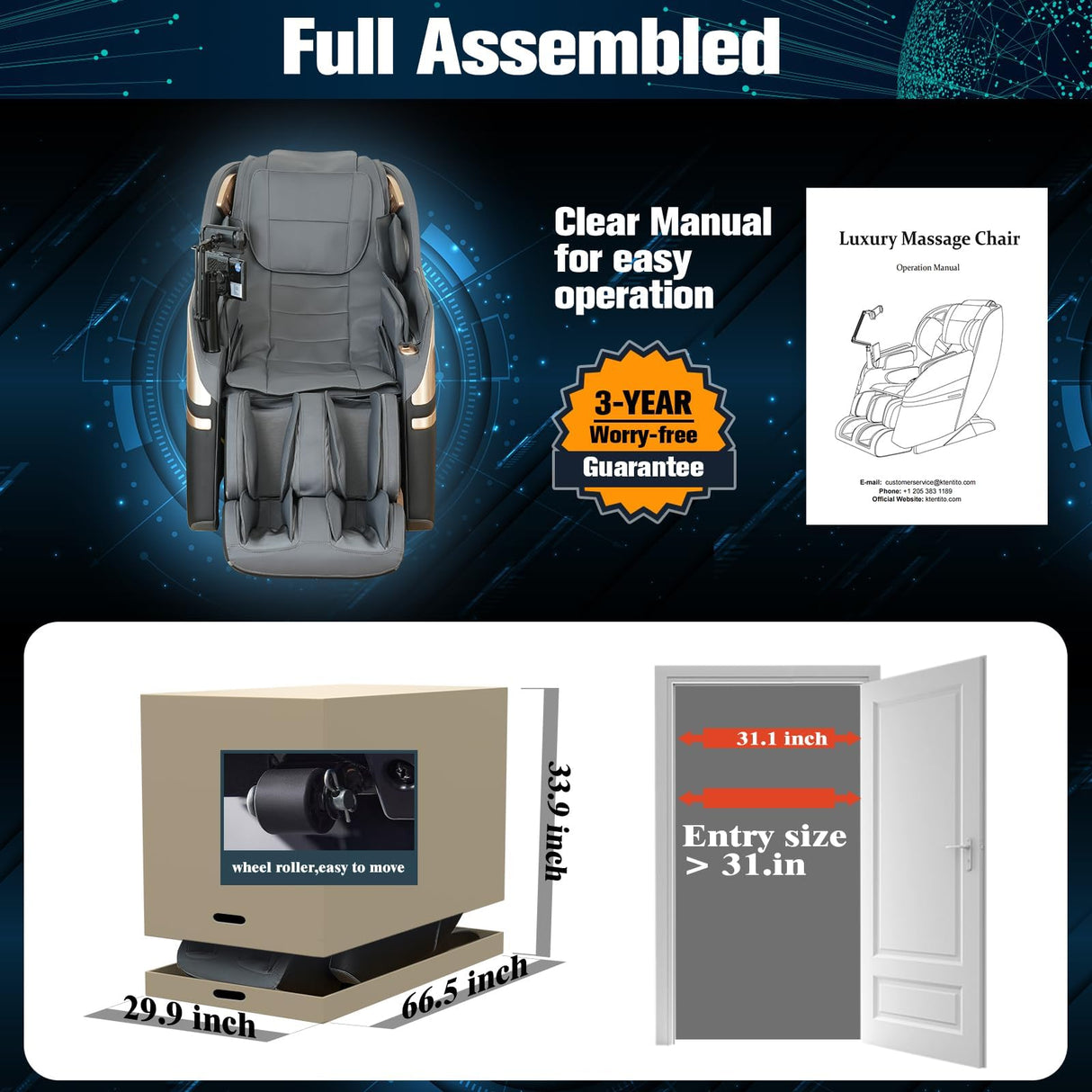 KTENTITO 2025 Massage Chair Full Body, 4D Zero Gravity Massage Chairs SL Track Shiatsu Massage Recliner Chair with Secure-Fit Arm Airbag, Waist & Calf Heating Voice Control Bluetooth Joystick G2 Black KTENTITO