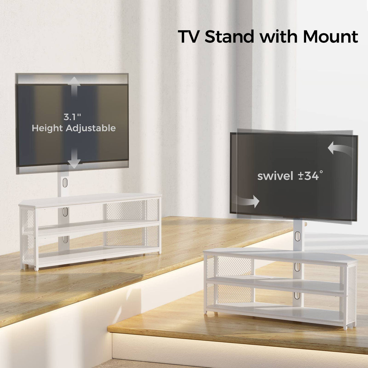 Rolanstar TV Stand with Mount and Power Outlet, Swivel TV Stand Mount with LED Lights for 32/45/55/60/65/70 inch TVs, White Entertainment Center Media Console with Height Adjustable Mount Rolanstar