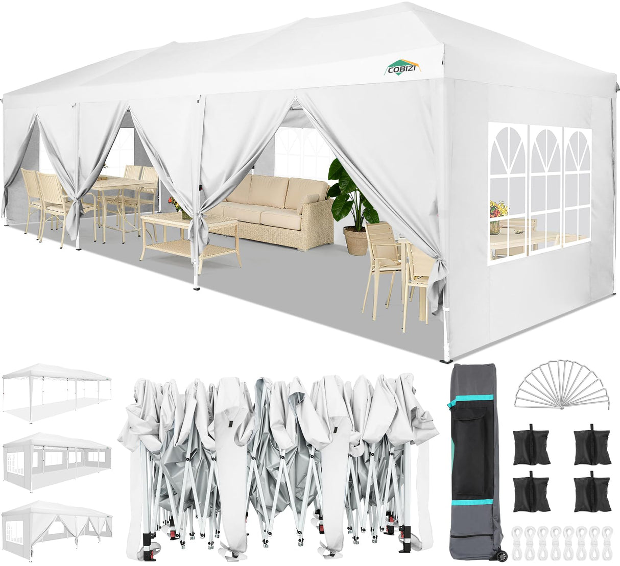 COBIZI Canopy 10x30 Pop Up Canopy Tent with 8 Sidewalls Party Tents for Parties Wedding Backyard Waterproof Outdoor Commercial Event Tent with Stakes, Ropes, Sandbags, White COBIZI