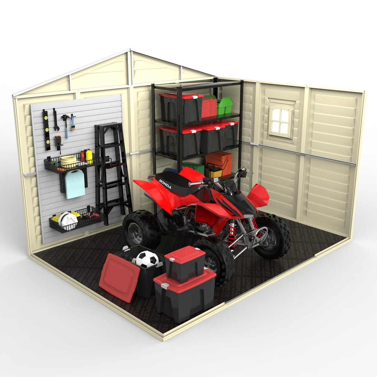 Duramax Woodbridge Plus 10.5 x 8 (8.02 m2) Plastic Garden Shed with 1 Fixed Window & Metal Foundation Kit, Strong Metal Roof Structure Fire Retardant and Maintenance-Free Storage Shed - Ivory/Brown DURAMAX