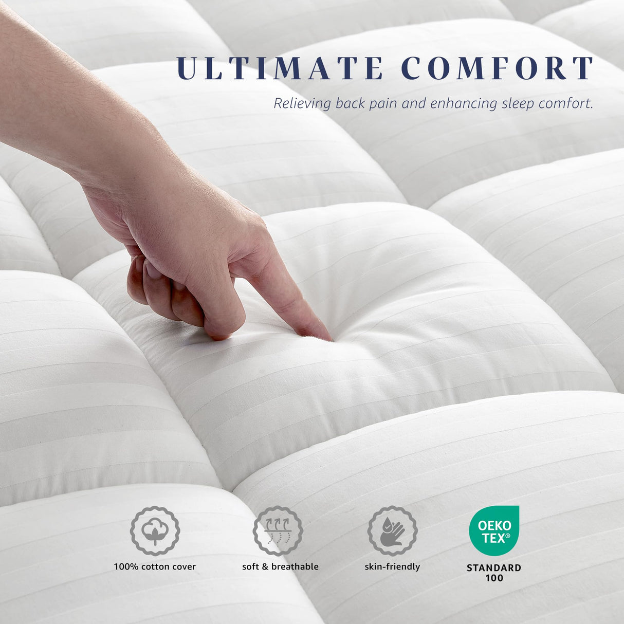 Full Size Thick Mattress Pad with 100% Cotton Cover - Naturally Skin-Friendly and Breathable, Unique Deep Pocket Design Up to 22" (54 x 75 Inches, White) Soft and lofty