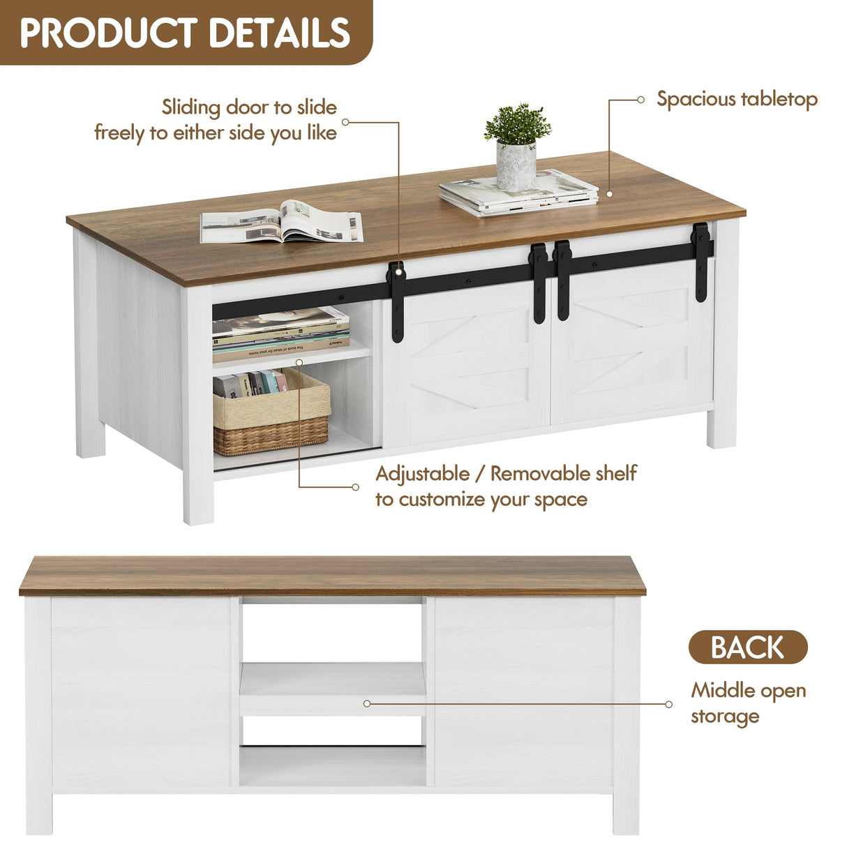 JUMMICO Farmhouse Coffee Table with Storage & Sliding Barn Doors, Modern Rustic Living Room Table with Adjustable Shelves, Wooden Rustic Center Table for Living Room (Antique White) JUMMICO