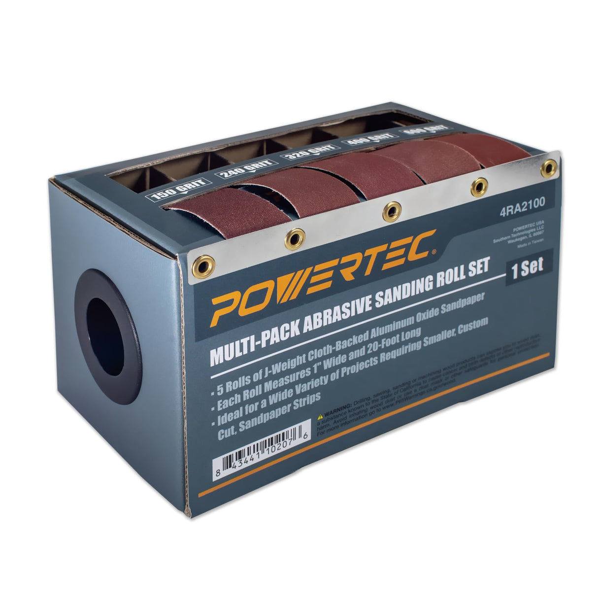 POWERTEC 4RA2100 Boxed Abrasive Sanding Rolls for Automotive/Woodworking | Sandpaper Dispenser Box with 5 Rolls for Sanding – Includes Assorted Grits 150/240/ 320/400/ 600 POWERTEC