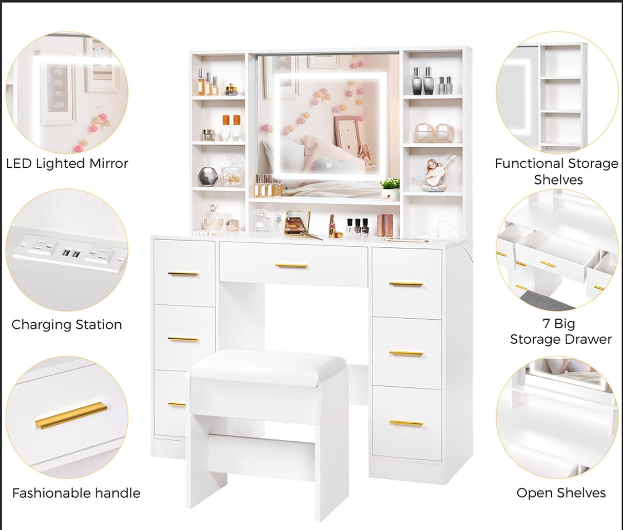 ANWBROAD Vanity Desk Table with Lighted Mirror and Lights Makeup Vanity Desk 39.4“ with Power Outlet 3 Colors Lighting Adjustable Brightness Vanity Table for Bedroom Dressing Room (White + 7 Drawers) ANWBROAD