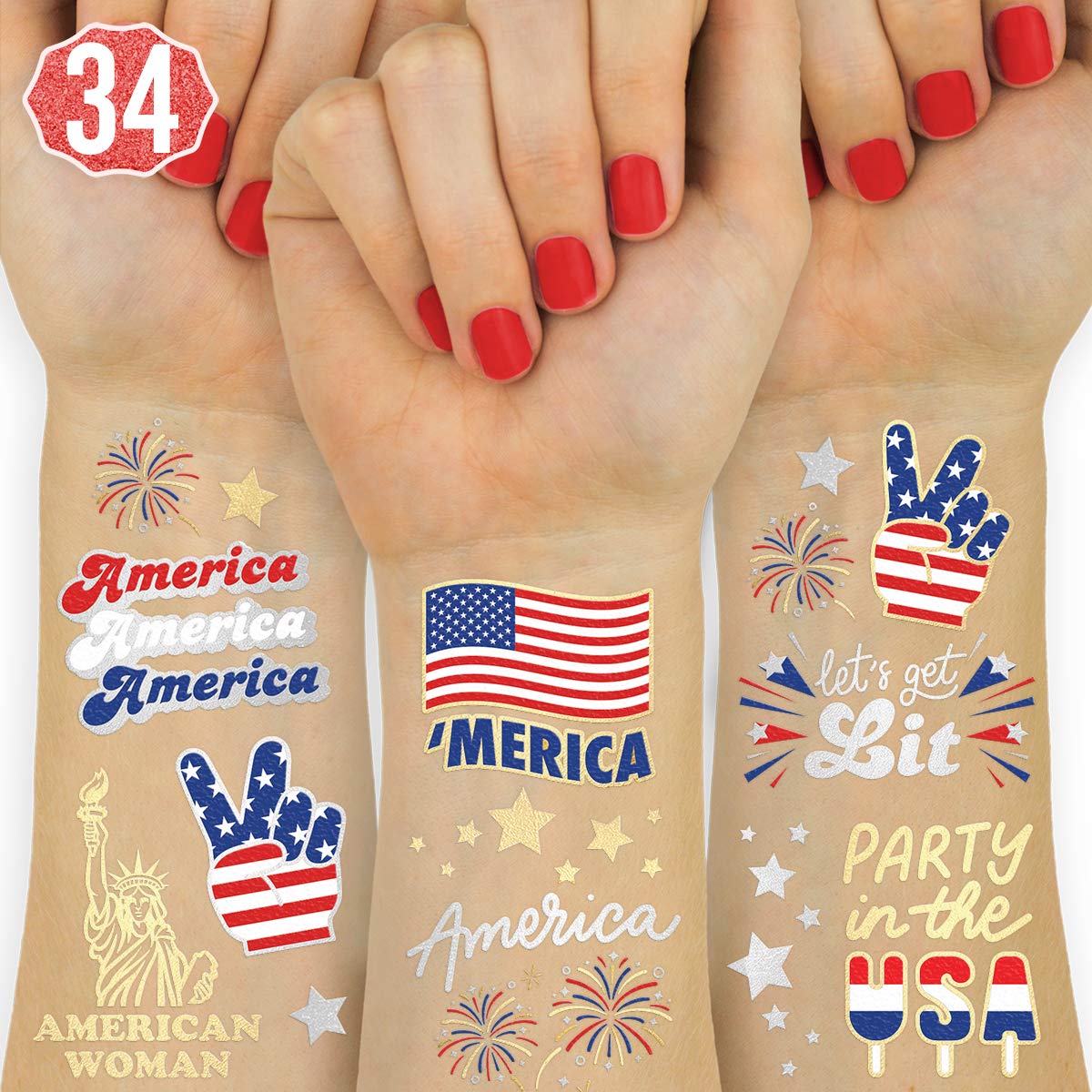 xo, Fetti Fourth of July Decorations Tattoos - 34 styles | Red White and Blue Party Supplies, 4th of July, USA Flag, Memorial Day, Independence Day, Labor Day xo, Fetti