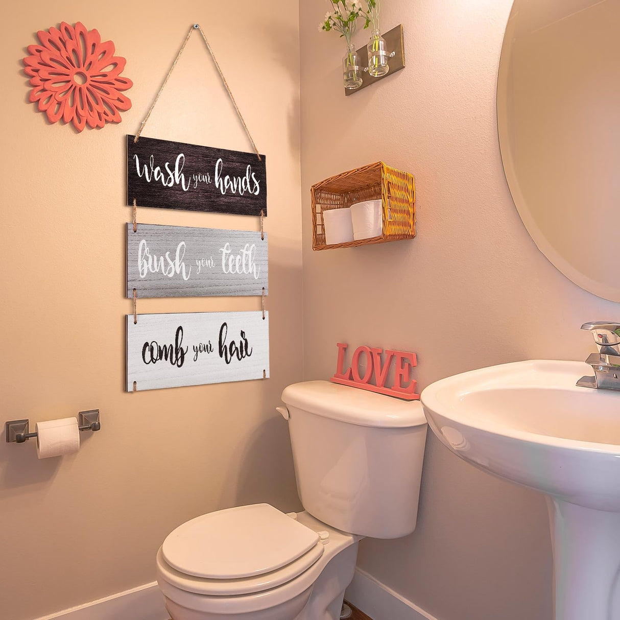 Jetec Bathroom Wall Decor Bath Rules Wall Art Sign Family Hanging Funny Wooden Hanging Sign Rustic Wood Decor for Home Bedroom Outdoor(Simple Pattern,Black, White, Gray) Jetec