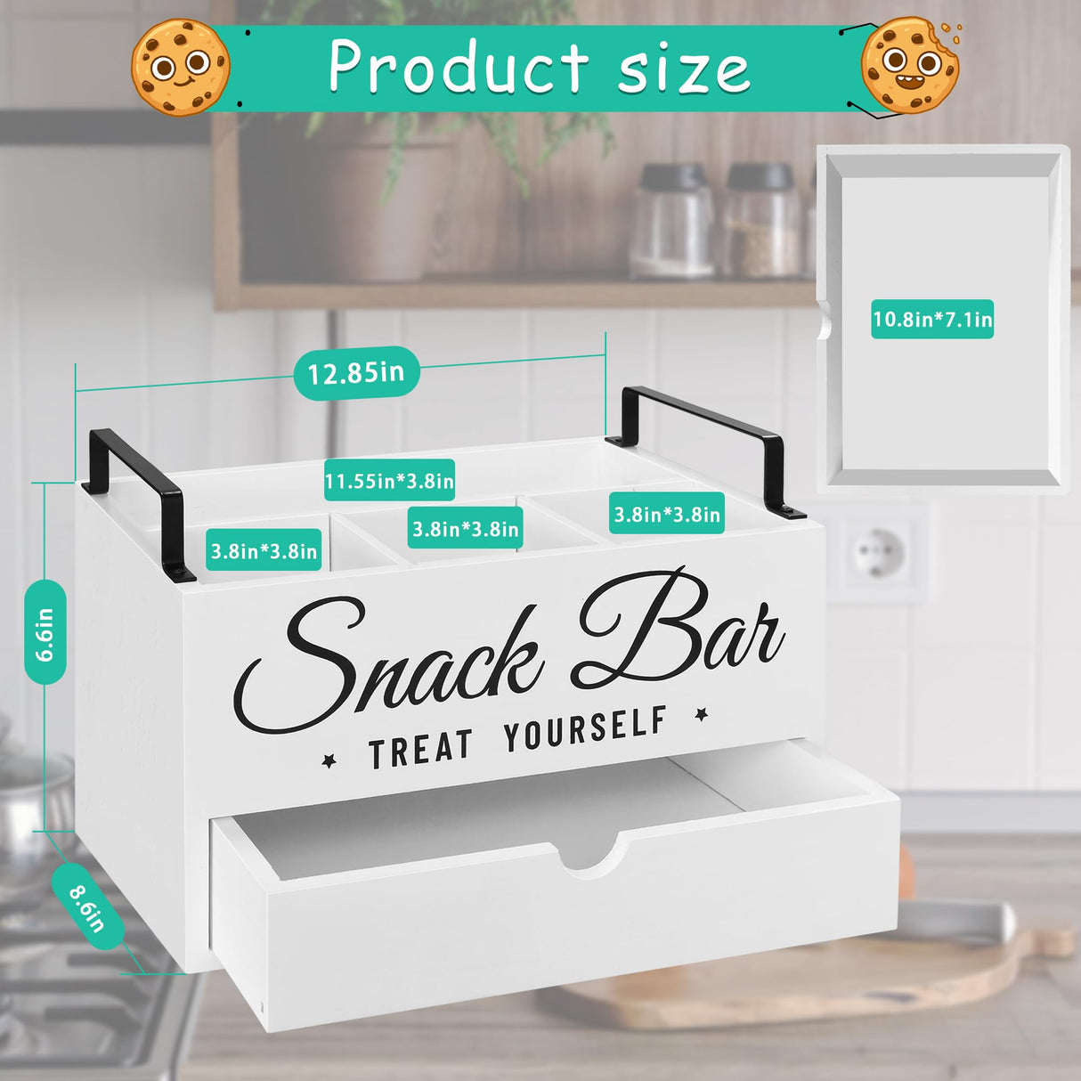 Snack Organizer for Countertop, Wood Pantry Storage Bins with Handles, Snack Organizer for Pantry, Kitchen, 4 Compartment Food Container Snack Box with Drawer, Pantry Organizer for Snacks, Chips Unistyle