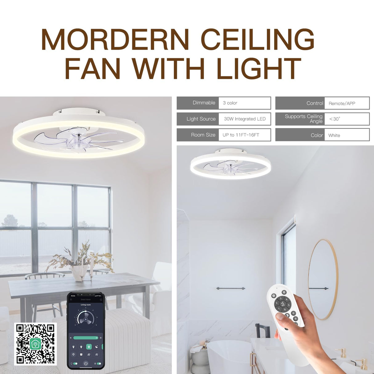 STERREN Ceiling Fans with Lights,20" Low Profile Ceiling Fan with Remote Control, Modern Flush Mount Ceiling Fan,White Fan Light for Bedroom, Living Room,Kitchen,Small LED Ceiling Light Fixture STERREN