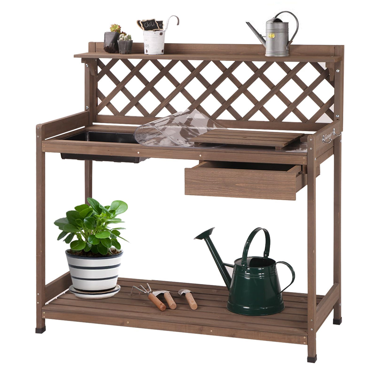 Aivituvin Potting Bench Outdoor with PVC Layer Wooden Planting Table with Sink & Lid Gardening Work Bench with Drawer, Shelf, Hook Aivituvin