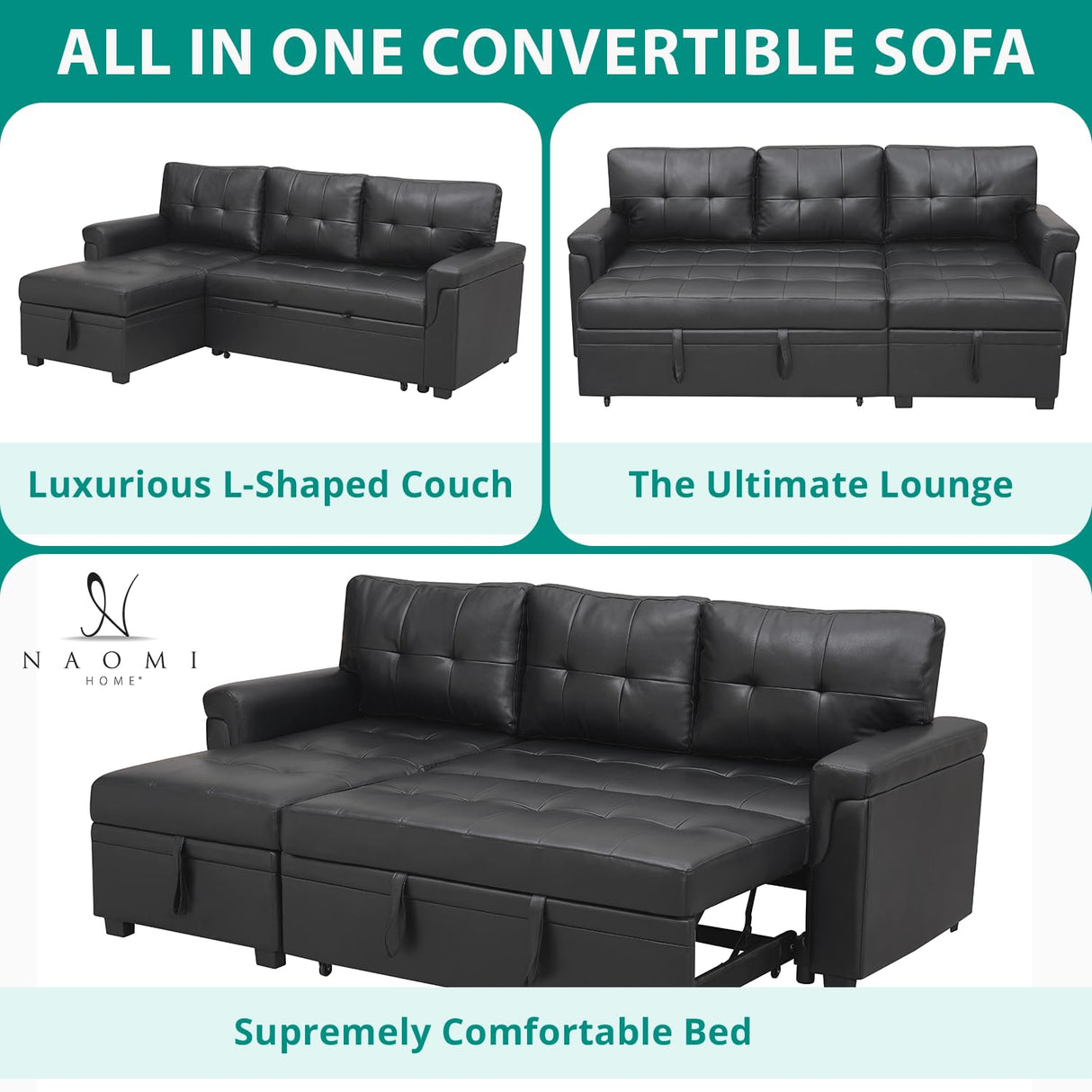 Naomi Home Jenny Sectional Sofa Sleeper with Storage Chaise, Tufted Pull Out Couch with Storage, Sectional Sofa Bed, L-Shaped Reversible Sleeper Sofa with Storage, Black,Air Leather Naomi Home