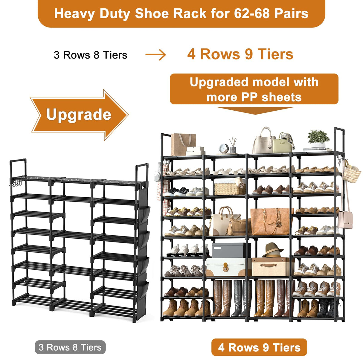 WOWLIVE 4 Row 9 Tiers Extra Large Shoe Rack 72-80 Pairs Big Tall Metal Shoe Shelf, Heavy Duty Organizer for Closet Entryway, Boot Rack Storage Stackable Stand for Garage Black WOWLIVE