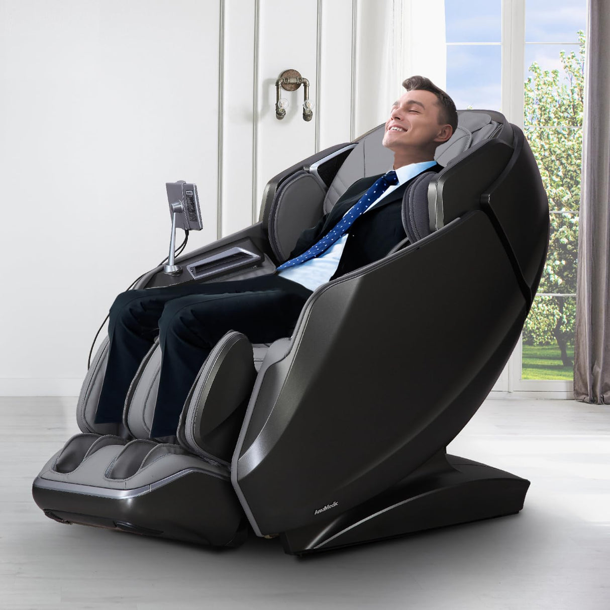 AmaMedic 2025 Revive | 4D Massage | Full Body Massage Chair | Health Fingerprint Sensor| AI Health Detection| 40 Cell Full Body Air Massage | Black (Black) AmaMedic