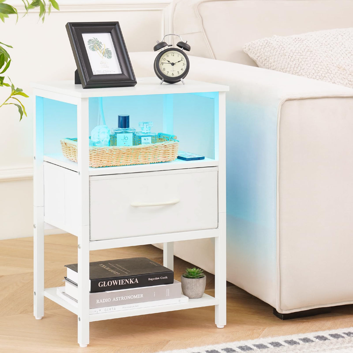 Yoobure White Night Stand with Charging Station, LED Nightstand for Bedroom, Bedside Tables with Adjustable Fabric Drawer, 3-Tier End Table Living Room, Small Side Table with Storage Yoobure