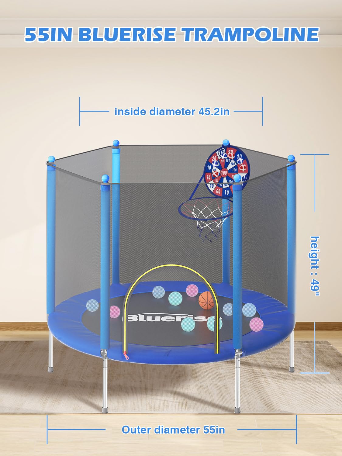 BLUERISE 55IN Toddler Trampoline for Kids Indoor Play for Kids Basketball Hoop Attachment with Enclosure Net Easy to Assemble Recreational Trampoline BLUERISE