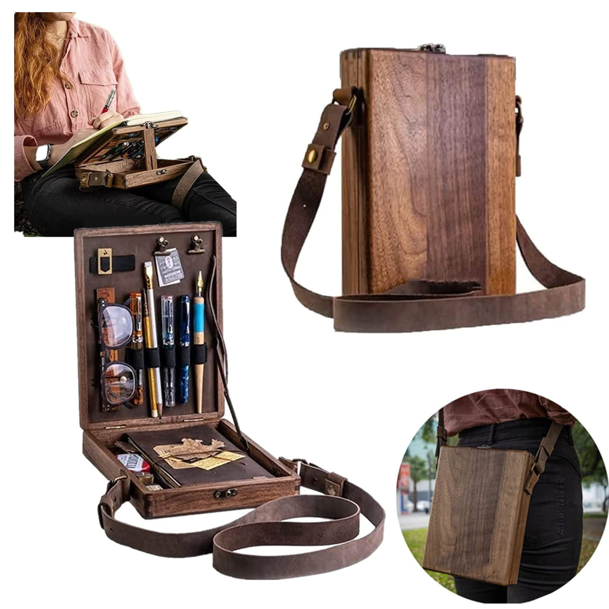Writers Messenger Wood Box, Multifunctional Wooden Handmade Crossbody Postman Bag Portable Artist Tool Bag Painting Brush Tool Storage Sketch Box Bomeiqee