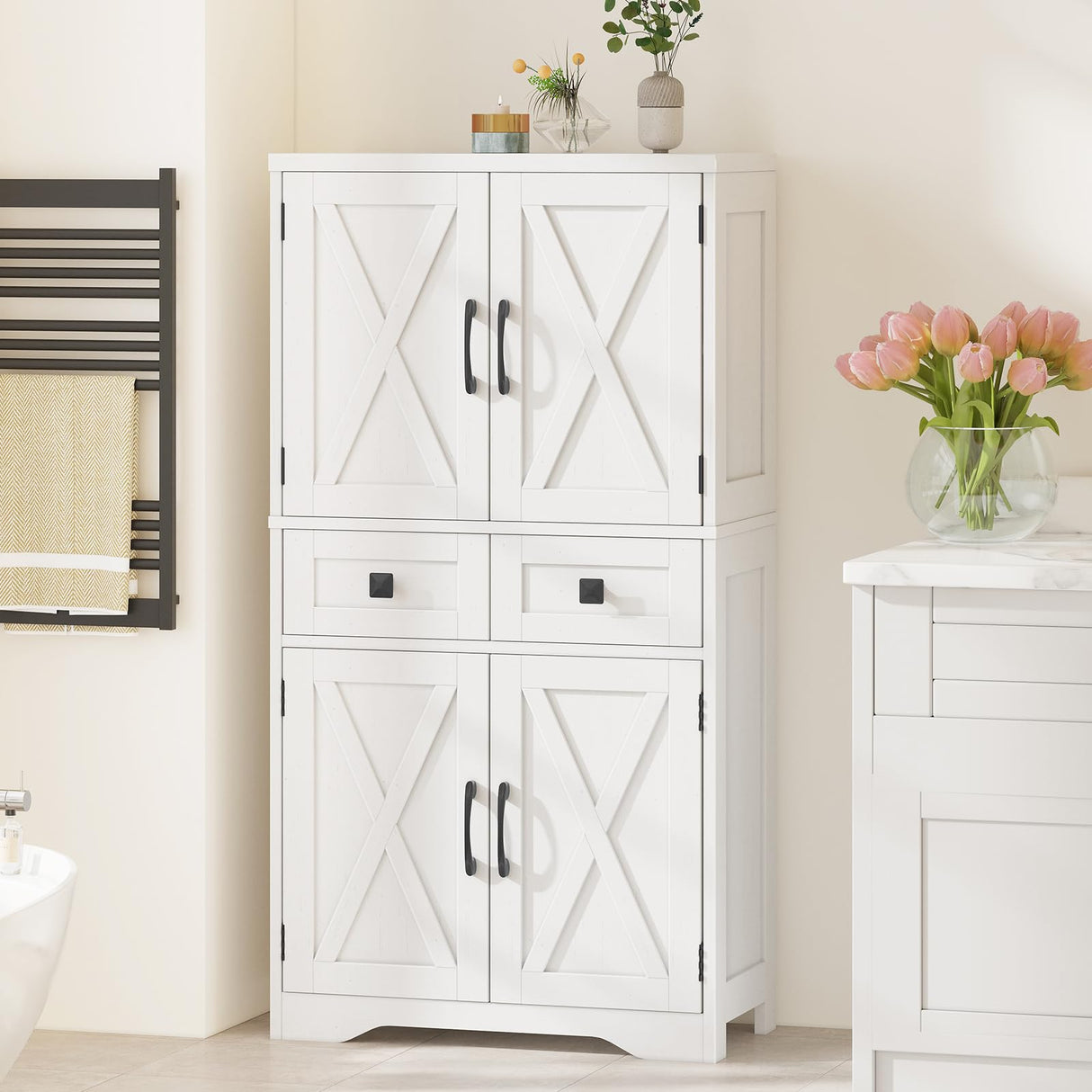 Farmhouse Bathroom Storage Cabinet with 2 Drawers and Barn Doors, Kitchen Pantry Cabinet, Freestanding Storage Cabinet with Adjustable Shelves for Bathroom, Living Room, Kitchen.(Unique White). Vabches