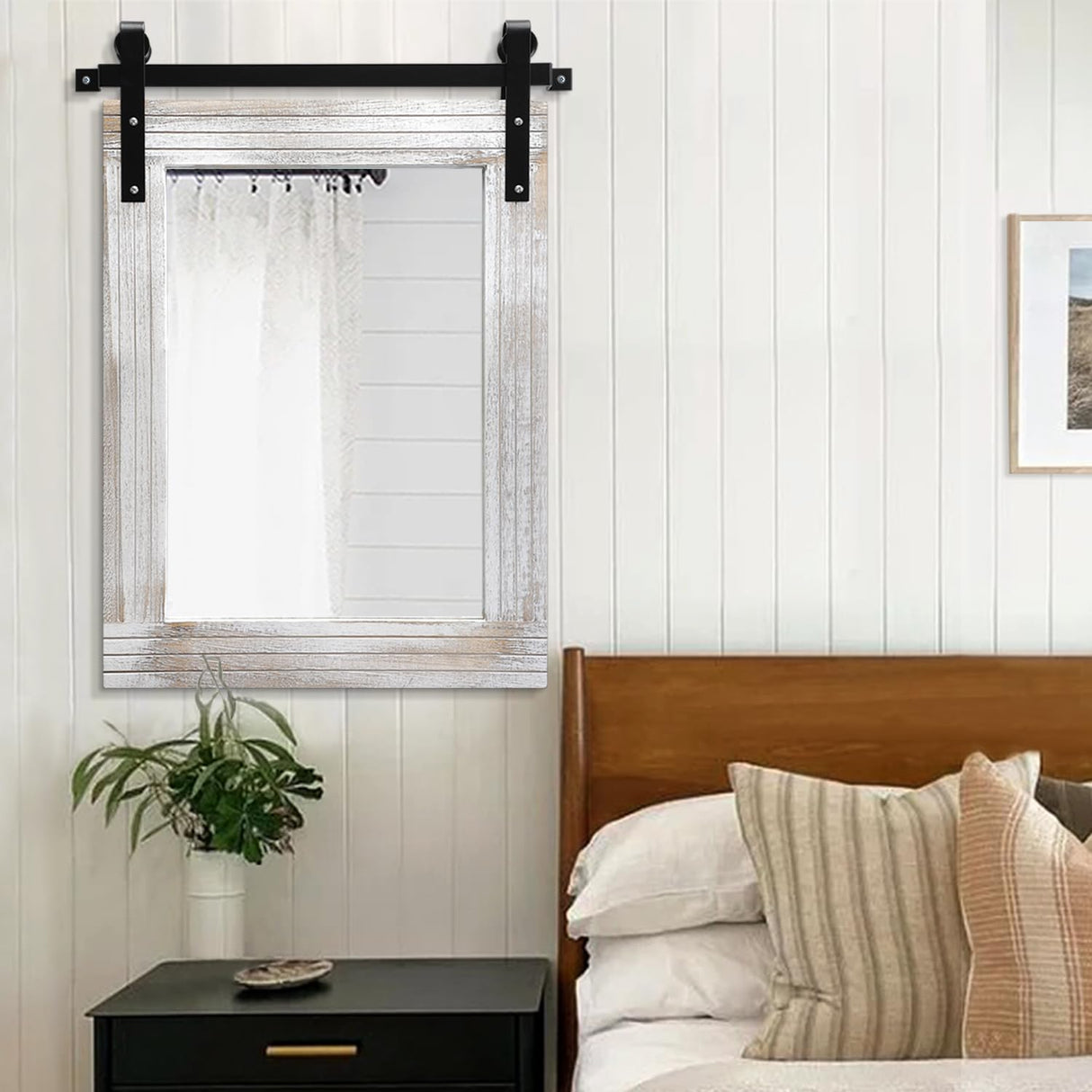 AAZZKANG Large Wall Mirror Barn Door Style Decor Rustic Wood Mirror 30"x22" Rectangle Farmhouse Bedroom Bathroom Mirror AAZZKANG