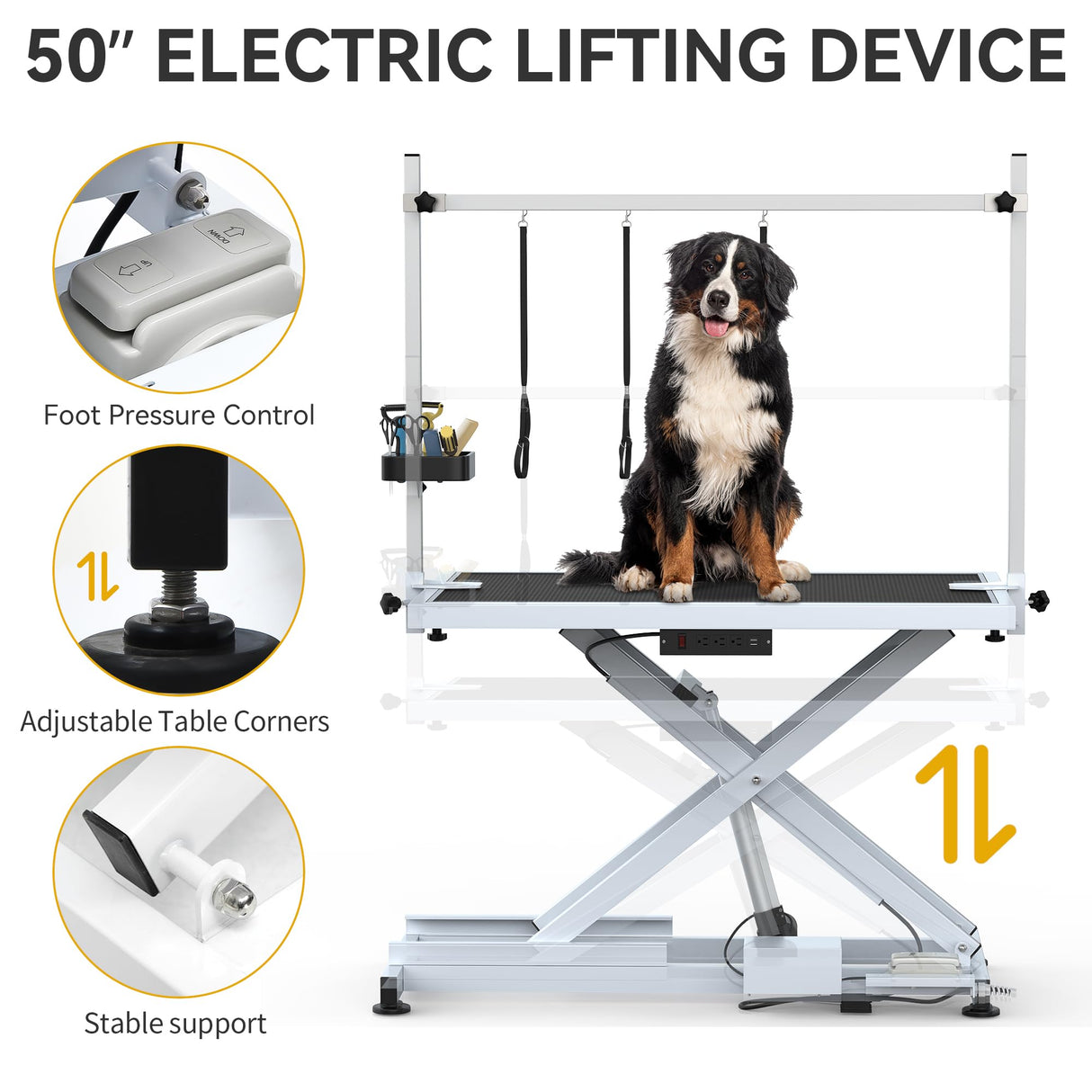DWVO 50'' Electric Dog Grooming Table Heavy Duty Adjustable Pet Grooming Table Grooming Arm Anti-Slip Top Tool Organizer Professional Dog Grooming Station (White, 50inch) DWVO