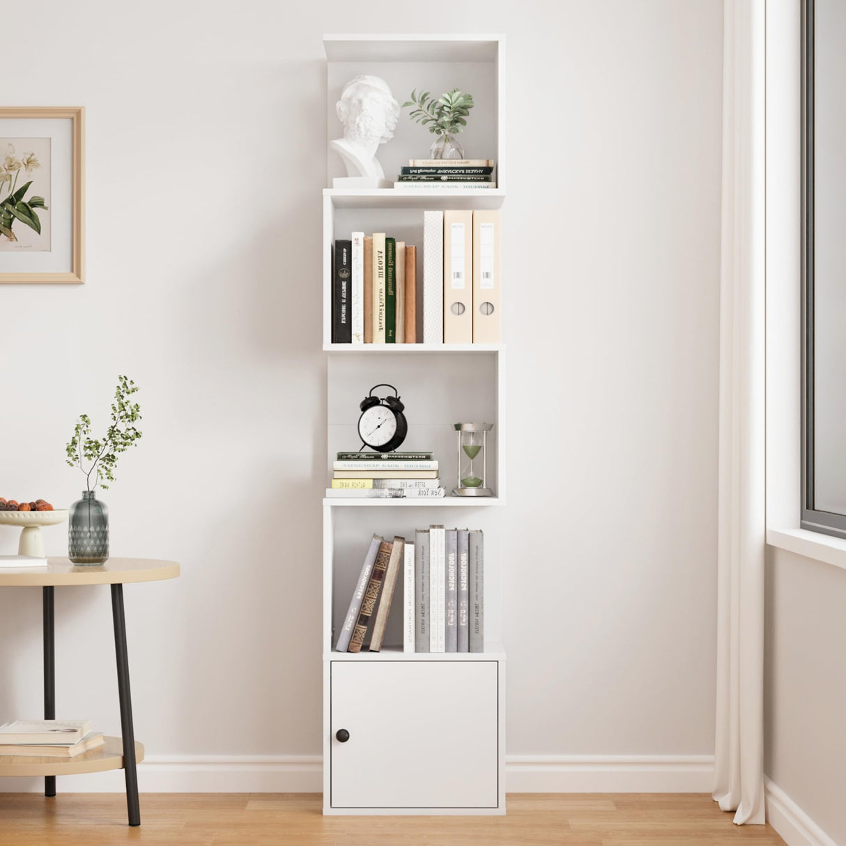 Furnify 5 Tier Bookshelf, 67" Tall S Shaped Bookcase with Door, Modern Open Book Shelf Standing Unit, Room Divider, Freestanding Wood Display Shelf for Living Room, Office, White Furnify