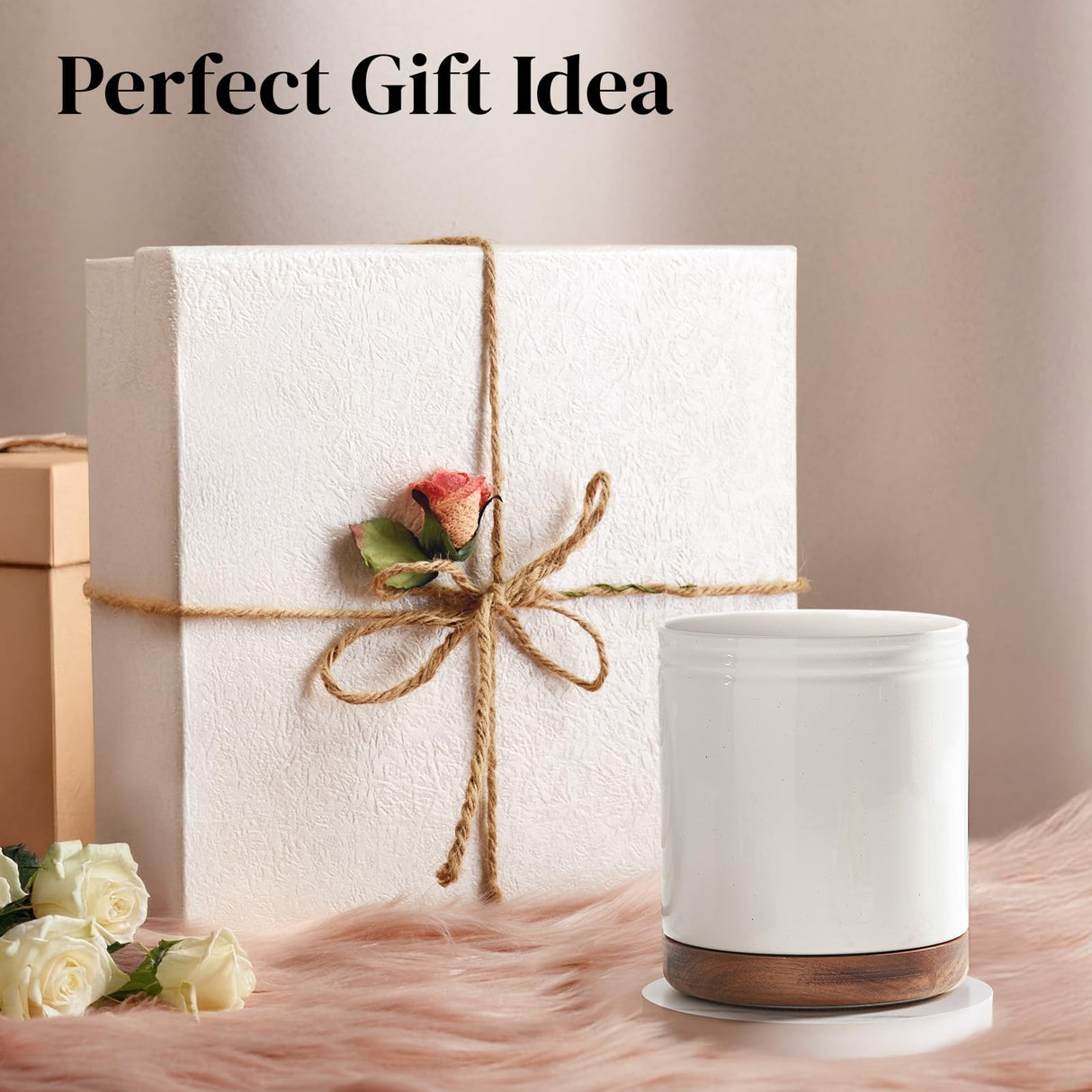 DOWAN 7.6" 360° Rotating Utensil Holder, Cooking Utensil Holder, Kitchen Utensil Holder for Countertop, Ceramic Utensil Crock, Large Utensil Holder for Kitchen Counter, Protection Cork Bottom, White DOWAN