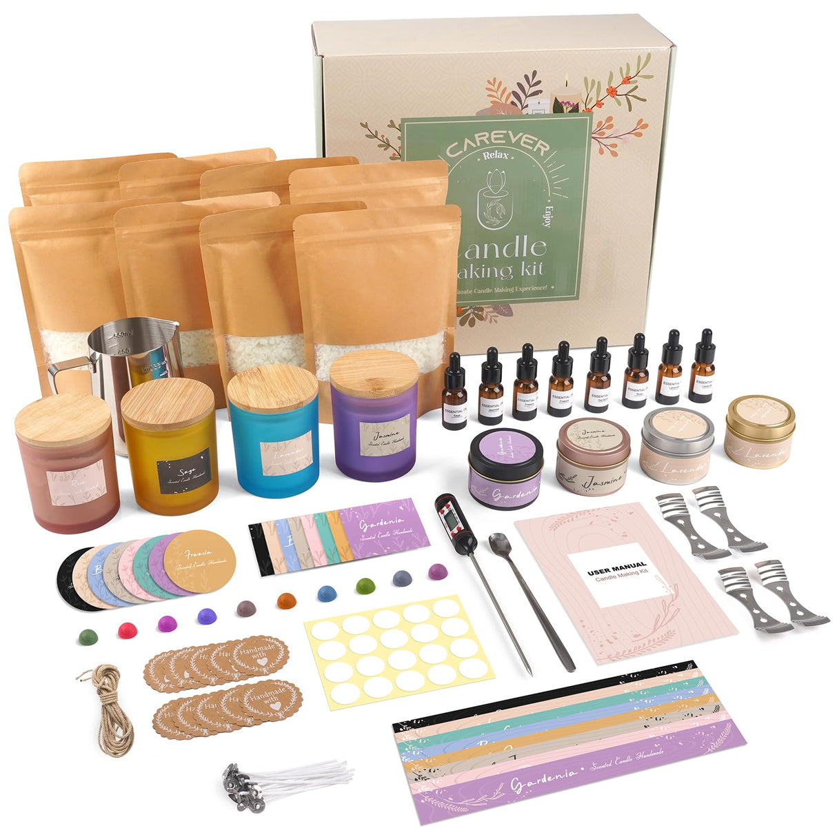 Candle Making Kit for Adults: Soy Wax Candle Making Supplies DIY Crafts Chrismas Stocking Stuffer for Adults Women Teens Beginners Starter Couples Activity Kit, Homemade Crafting White Elephant Gifts CAREVER