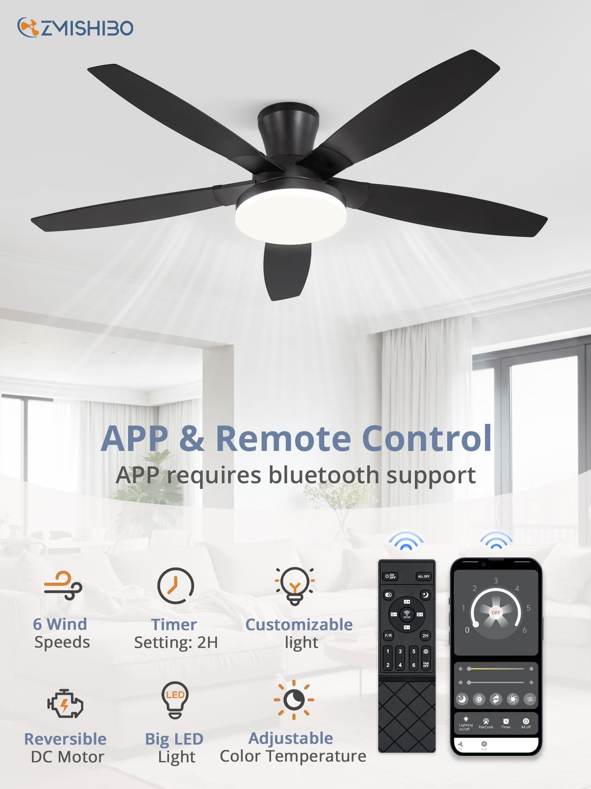 ZMISHIBO 52 inch Ceiling Fans with Lights and Remote/APP Control,Black Low Profile Ceiling Fan with Light,Quiet DC Motor,LED Dimmable, Modern Flush Mount Ceiling Fan for Bedroom Indoor/Outdoor Patio ZMISHIBO