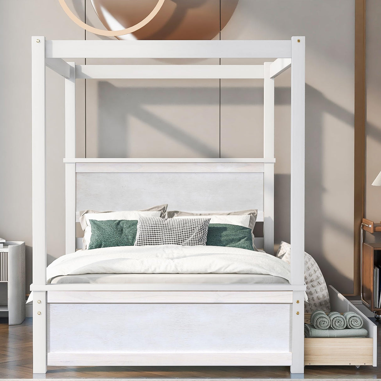 Full Size Canopy Bed with 2 Storage Drawers, 4-Post Wood Full Platform Bed Frame with Headboard, No Box Spring Needed - Brushed White Bellemave