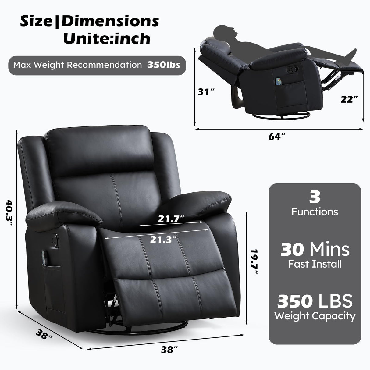 ANJ Swivel Rocker Recliner Chair, Manual Rocking Glider Massage Recliner with Heat, Overstuffed PU Leather Big Large Recliner for Living Room Bedroom Nursery ANJ