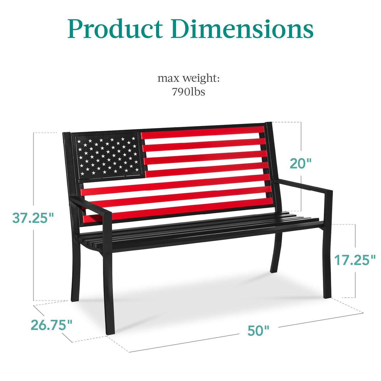 Best Choice Products Outdoor Bench 2-Person Steel Indoor/Outdoor Bench for Garden, Patio, Porch, Entryway w/American Flag, 790lb Capacity – Black/Red Best Choice Products