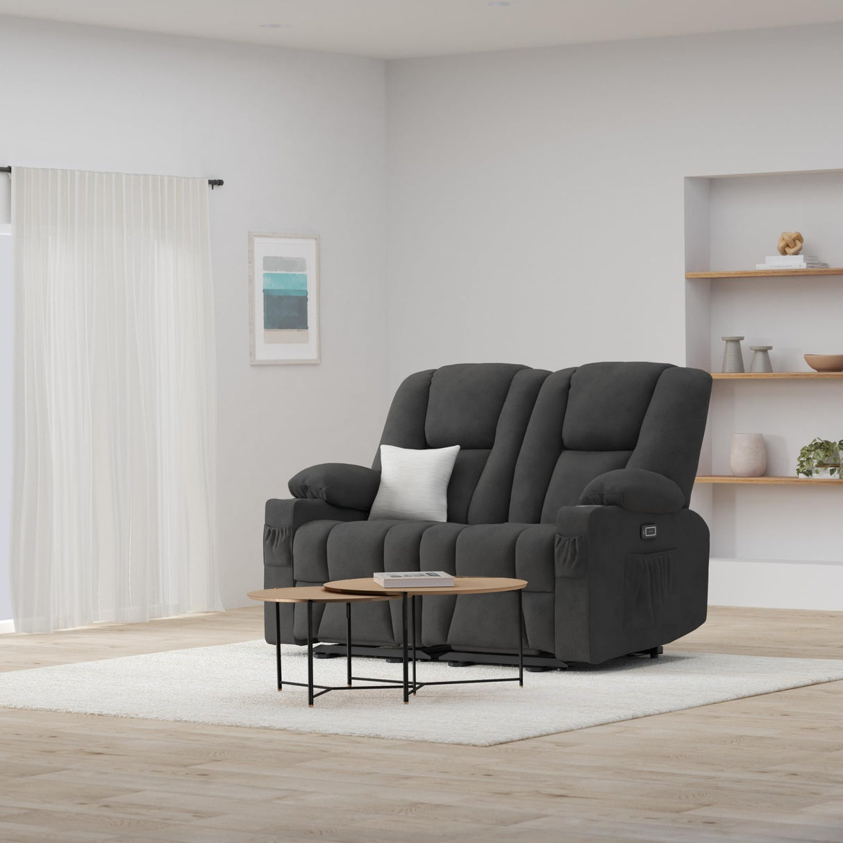 MCombo 61.8" Power Loveseat Recliner with Heat and Vibration, Fabric Electric Reclining Loveseat, USB Charge Port, Cup Holders for Living Room 6025 (Grey) MCombo