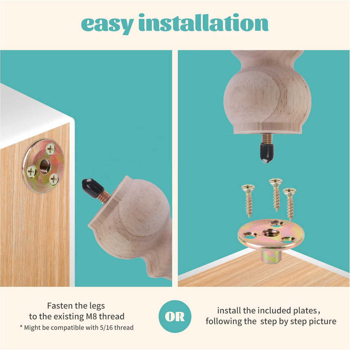 Txcucc 3 Inch Wooden Unfinished Bun Feet for Dresser Legs Couch Sofa Cabinet Ottoman DIY Replacement Wood Furniture Legs Set of 4 M8 Bolt Screw in (3”) Txcucc