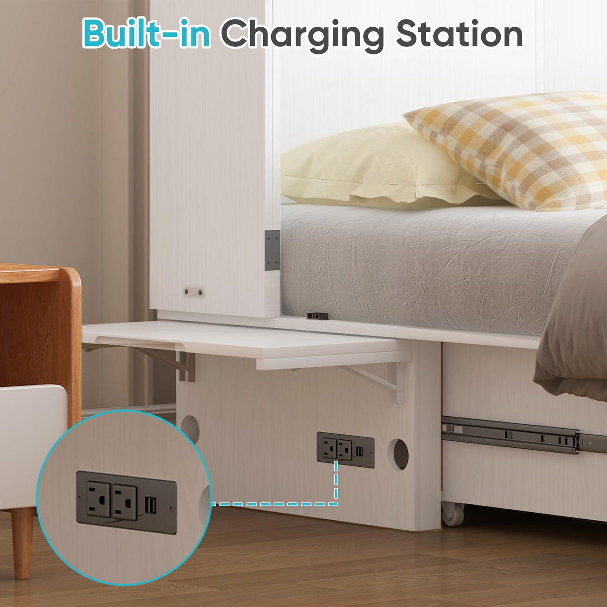 CECER Queen Size Solid Wood Murphy Bed with Memory Foam Mattress,Murphy Bed with Charging Station and Two Large Storage Drawers for Small Spaces/Bedroom/Guest Room(White) CECER