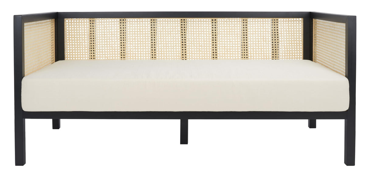 SAFAVIEH Home Collection Dune Coastal Black Rattan 3-Seater Sofa with White Cushion SAFAVIEH